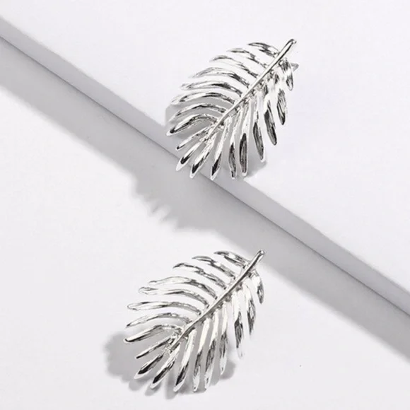 Silver Palm Leaf Statement Earrings - Picture 1 of 2